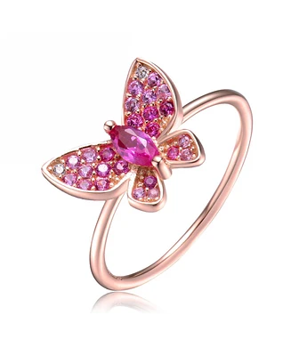 Sterling Silver with Rose Gold Plated Red Cubic Zirconia Small Butterfly Ring