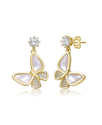 Sterling Silver 14K Gold Plated Cubic Zirconia Butterfly Drop Earrings