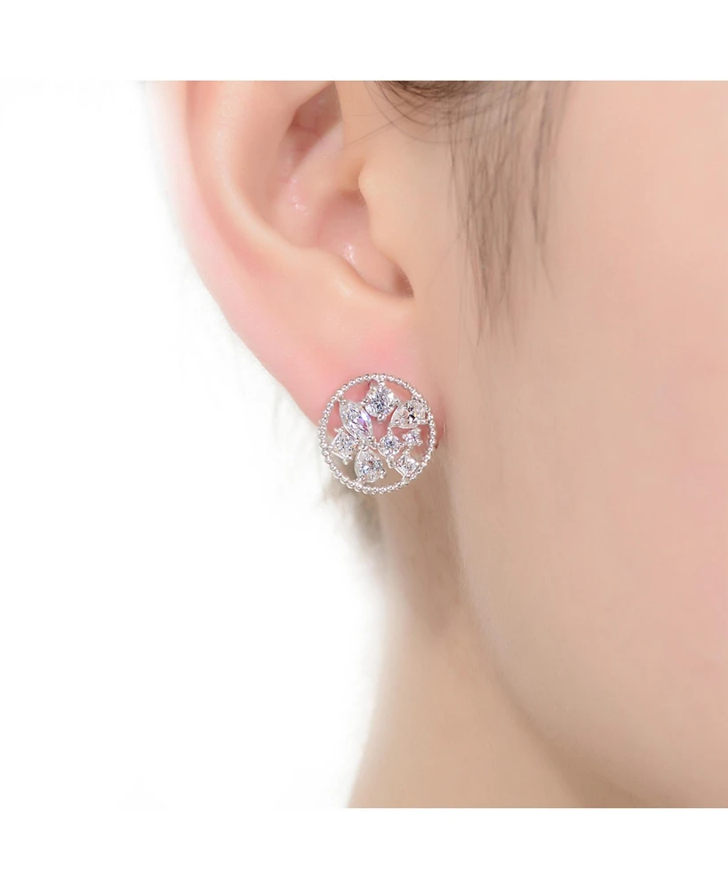 Gv Sterling Silver White Gold Plated Ball Halo with Clear Multi Shape Cubic Zirconia Round Earrings