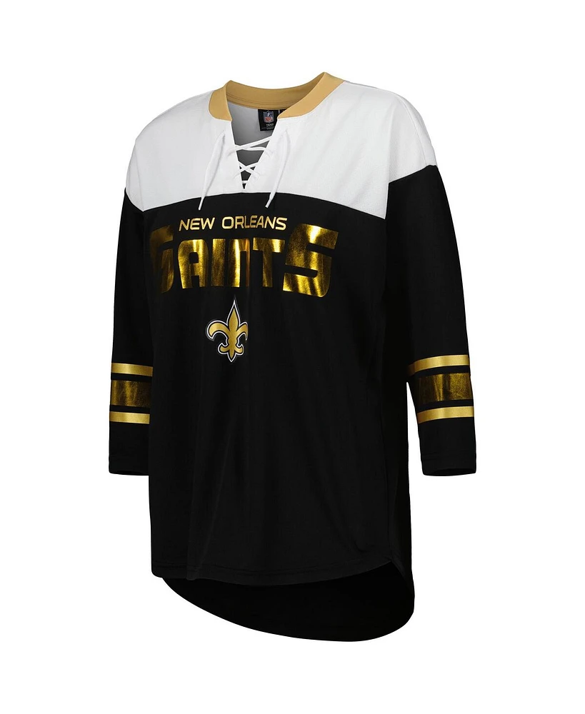 Women's G-iii 4Her by Carl Banks Black, White New Orleans Saints Double Team 3/4-Sleeve Lace-Up T-shirt