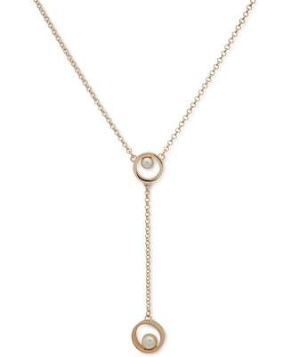 Karl Lagerfeld Paris Gold-Tone Imitation Pearl Lariat Necklace, 16" + 3" extender