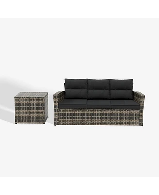 WestinTrends 2-Piece Pe Rattan Wicker Outdoor Sofa with Cushions Side Table Set