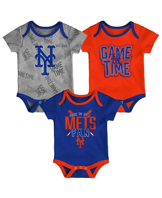 Newborn and Infant Boys Girls New York Mets Royal, Orange, Heathered Gray Game Time Three-Piece Bodysuit Set