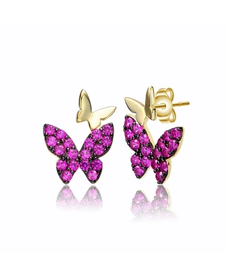 Genevive Sterling Silver 14k Yellow Gold Plated with Red Cubic Zirconia Double Butterfly Drop Earrings