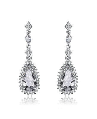 Sterling Silver White gold Plated Pear Drop Cubic Zirconia with Halo Burst Earrings