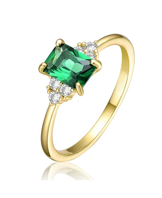 Sterling Silver 14k Yellow Gold Plated with Green & Cubic Zirconia Solitaire Cluster Statement Ring