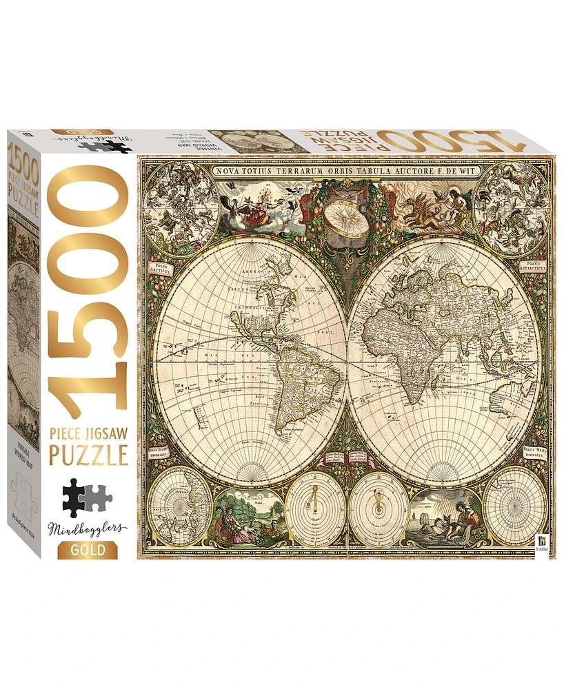 Mindbogglers Gold-Tone Foil 1500-Piece Jigsaw Puzzle Vintage-Like World Map Jigsaws For Adults Deluxe Jigsaw Puzzles 33" x 26" intricate Puzzles Advan