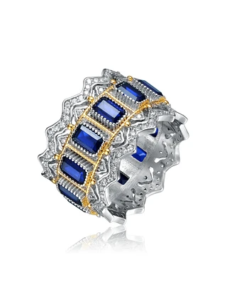 Two-Tone White Gold Plated and 14K with Colored Cubic Zirconia Band Ring
