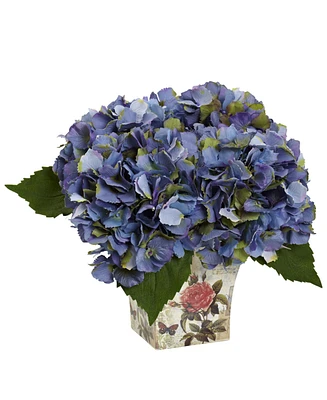 Nearly Natural Blue Hydrangea Artificial Arrangement with Floral Planter