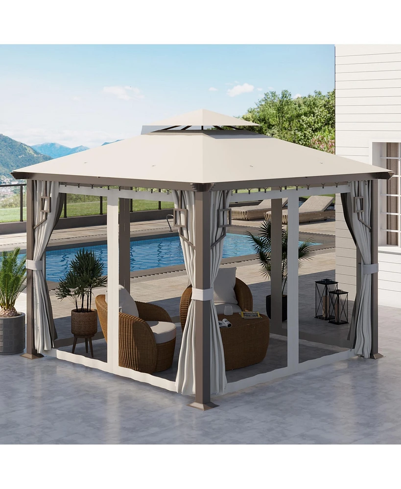 Outsunny 10' x 10' Patio Gazebo Outdoor Canopy Shelter with Aluminum Frame, Double Tier Roof, Netting and Curtains for Garden, Lawn, Backyard and Deck