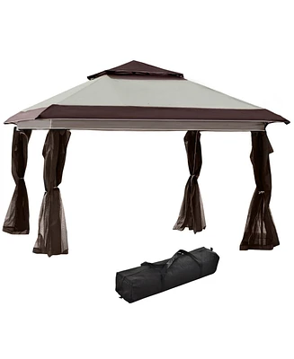 Outsunny 12' x 12' Pop Up Canopy Sun Shade Instant Tent Folding with Mesh Sidewall Netting, 3-Level Adjustable Height and Storage Bag, Beige