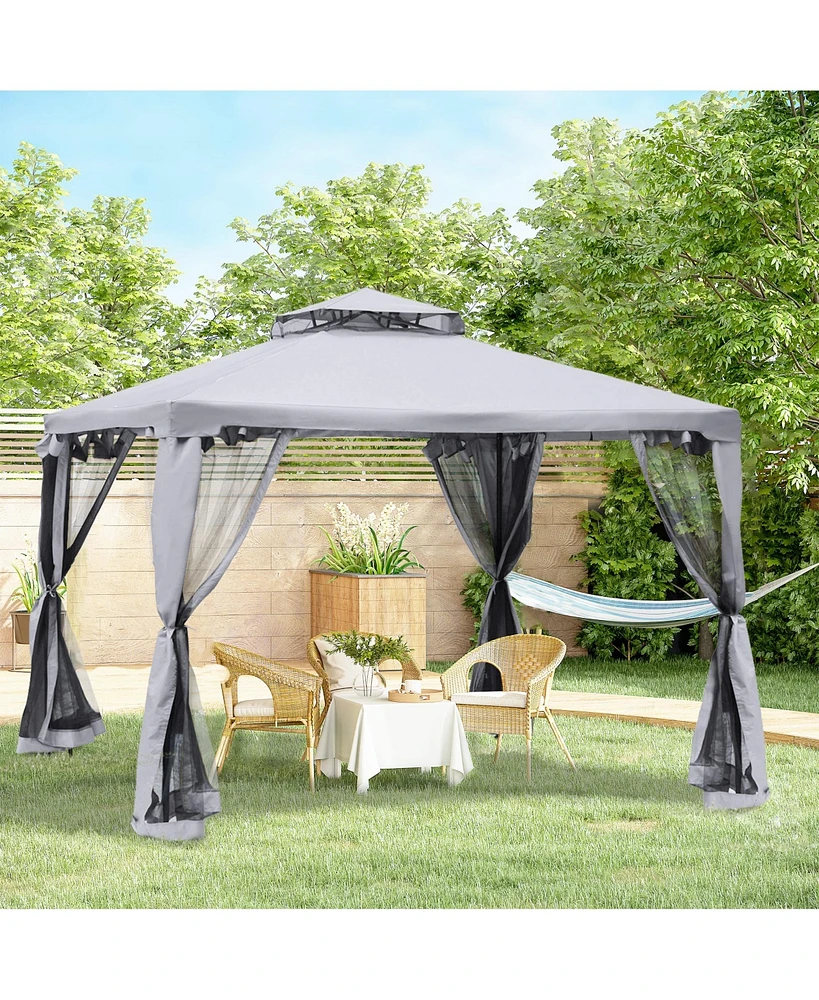 Outsunny 10' x 10' Patio Gazebo Outdoor Canopy Shelter with 2-Tier Roof and Netting, Steel Frame for Garden, Lawn, Backyard and Deck