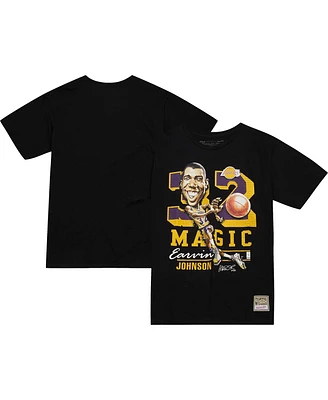 Men's Mitchell & Ness Magic Johnson Black Los Angeles Lakers Hardwood Classics Caricature T-shirtMen's Mitchell & Ness Magic Johnson Black Los Angeles