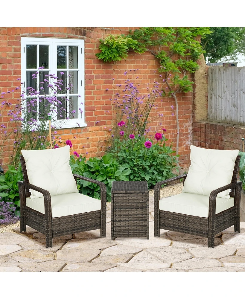 Outsunny 3 Piece Patio Furniture, Pe Wicker Storage Table & Chairs