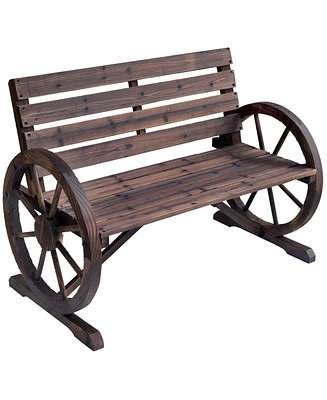 Outsunny Wooden Wagon Wheel Bench, 2-Person W/ Slatted Seat,