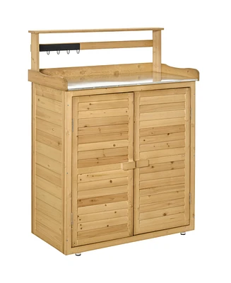 Outsunny Backyard Garden Tool Storage & Potting Bench w/ 2 Magnetic Close Doors