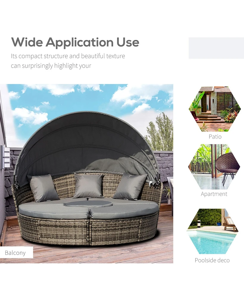 Outsunny 4pc Rattan Patio Furniture Set, Round Convertible Daybed or Sunbed, Adjustable Sun Canopy, Sectional Outdoor Sofa, 2 Chairs, Table, 3 Pillows