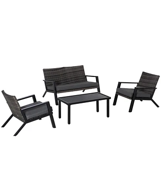 Outsunny 4 Piece Patio Furniture Set, 2 Pe Wicker Chairs, Loveseat,