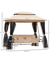 Outsunny 3 Person Patio Swing Chair, Gazebo Swing with Double Tier Canopy, Cushioned Seat, Mesh Sidewalls, Beige
