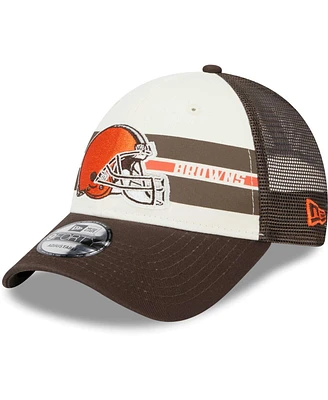 Men's New Era Cream, Brown Cleveland Browns Team Stripe Trucker 9FORTY Snapback Hat