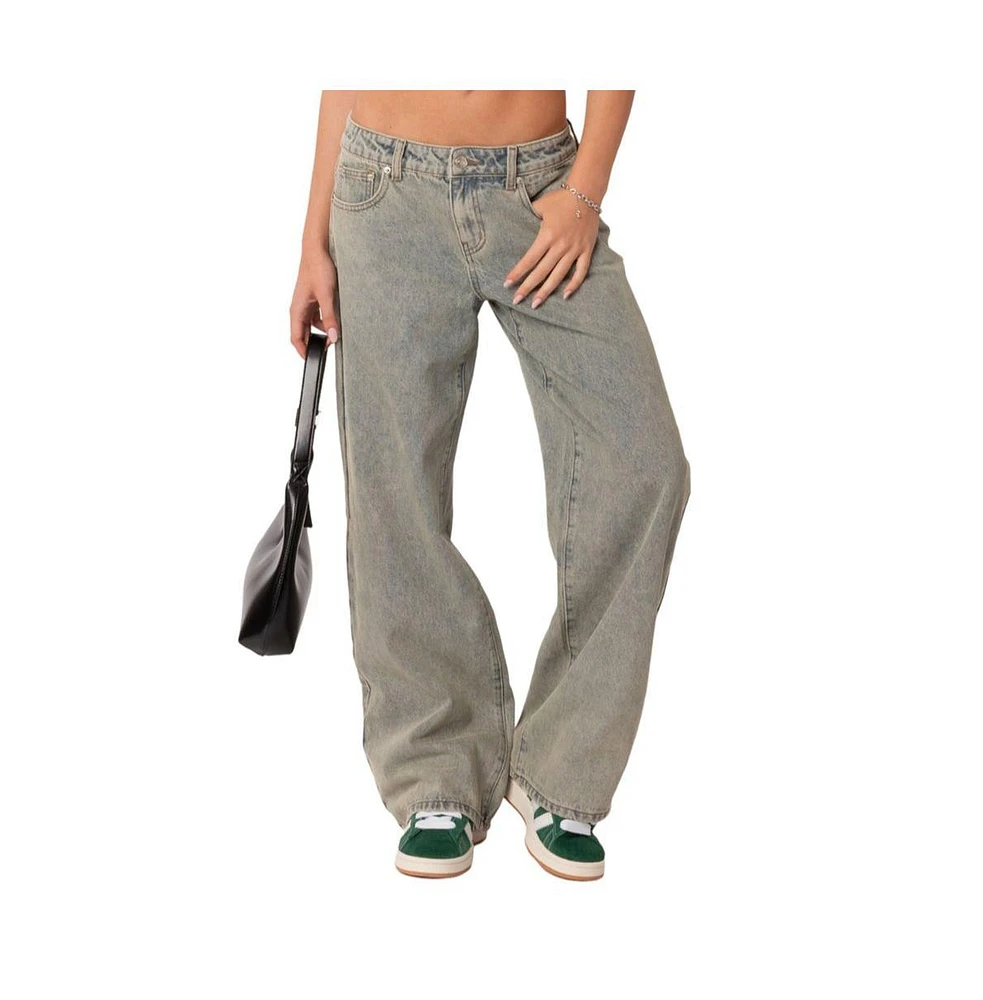 Edikted Womens Magda Low Rise Acid Wash Jeans