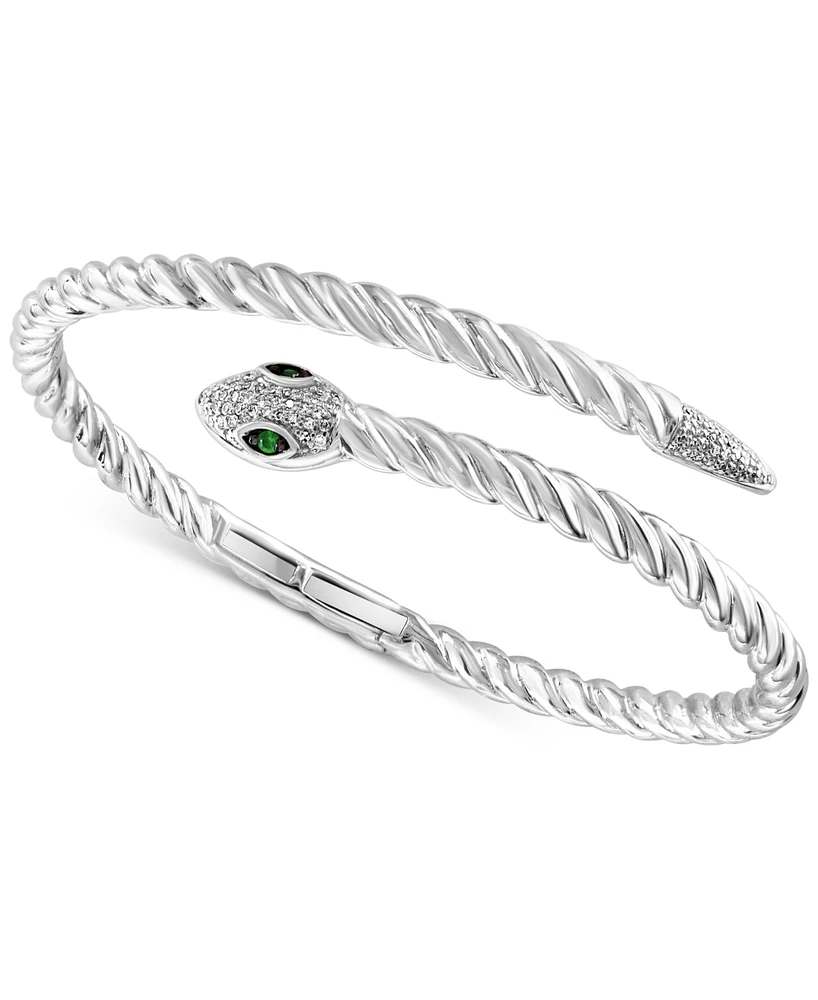 Effy Diamond (1/4 ct. t.w.) & Tsavorite (1/20 ct. t.w.) Snake Bypass Bangle Bracelet in Sterling Silver