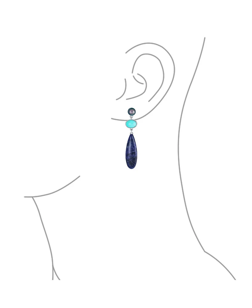 Bling Jewelry Multi Shape 3 Multi-Tier Dangling Cultured Freshwater Grey Pearl Blue Natural Turquoise Navy Sodalite Long Teardrop Earrings