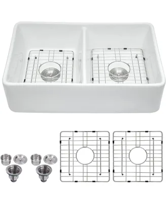 32 L X 20 W Double Basin Farmhouse Kitchen Sink With Basket Strainer