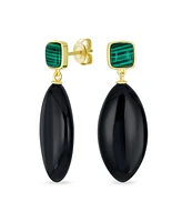 Bling Jewelry Unique Linear Malachite Black Natural Onyx Rhombus Shape Square Multi- Party Dangling Earrings in Gold Plated