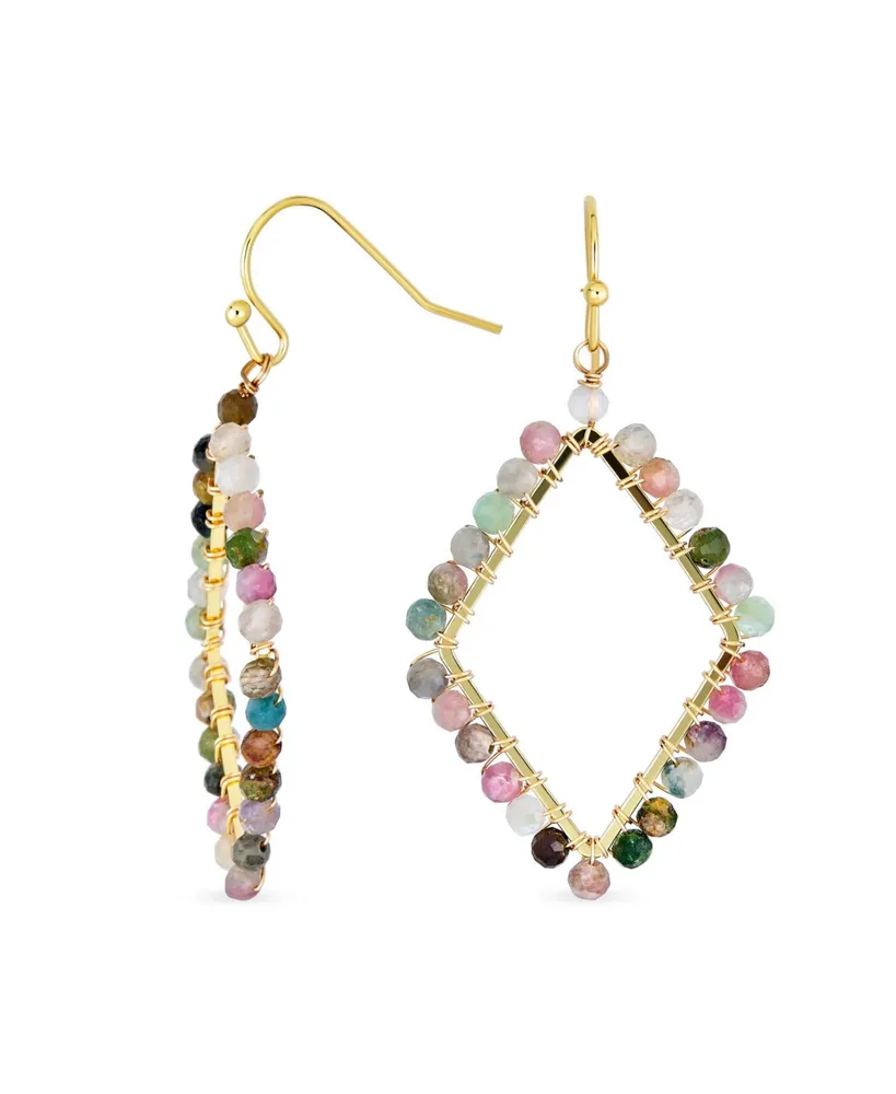Bling Jewelry Geometric Wire Wrap Cluster Linear Fish Hook Multi Color Natural Fluorite Long Lightweight Rhombus Shape Dangle Earrings Gold Plated