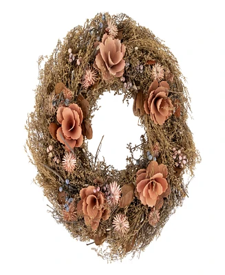 Orange and Coral Pink Twig and Floral Autumn Harvest Wreath 13.75" Unlit