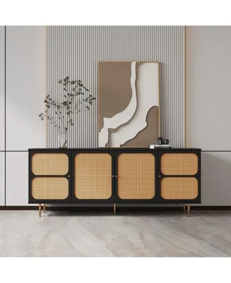 Rattan Sideboard Buffet Cabinet, Kitchen Storage Cabinet Console Table With Adjustable Shelves