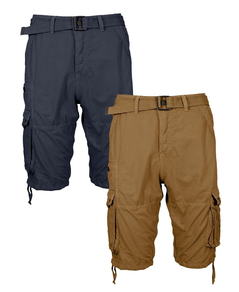 Blu Rock Men's Vintage-Like Cotton Cargo Belted Shorts, Pack of 2