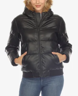 White Mark Women's Removable Furry Hoodie Bomber Leather Jacket