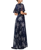 Betsy & Adam Petite Foil-Print Flutter-Sleeve Maxi Dress