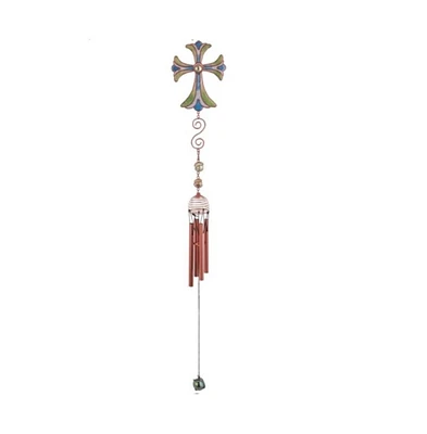 28" Long Green Cross Wind Chime with Copper Gem