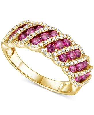 Lab-Grown Ruby (1 ct. t.w.) & White Sapphire (3/8 Diagonal Row Statement Ring 14k Gold-Plated Sterling Silver (Also Lab-Grow