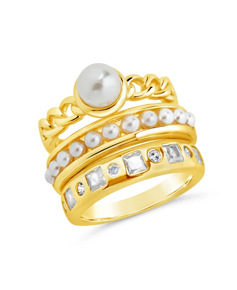 Sterling Forever Cubic Zirconia Genuine Shell Pearl Kimber Stacking 3 Piece Ring Set