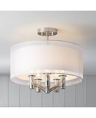 Possini Euro Design Caliari Modern Ceiling Light Semi Flush Mount Fixture Brushed Nickel 18" Wide 5-Light Sheer Silver White Linen Double Drum Shade f
