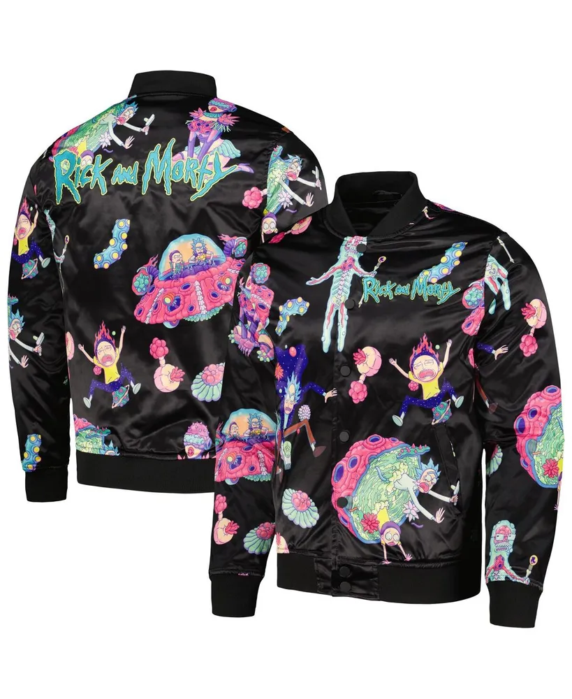 Men's Freeze Max Black Rick And Morty Graphic Satin Full-Snap Jacket