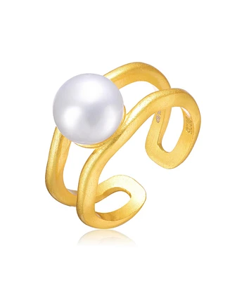 Sterling Silver 14K Gold Plated with Genuine Freshwater Pearl Solitaire Open Ring