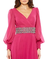 Mac Duggal Women's Bishop Sleeve Wrap Over Belt Detail Flowy Gown