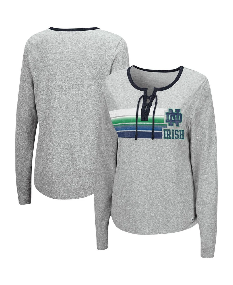 Women's Colosseum Heathered Gray Distressed Notre Dame Fighting Irish Sundial Tri-Blend Long Sleeve Lace-Up T-shirt