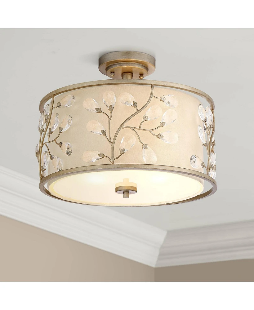 Crystal Buds Close To Ceiling Light Semi Flush Mount Fixture 16" Wide Antique Silver Beige Fabric Drum Shade for Bedroom Hallway Living Room Dini