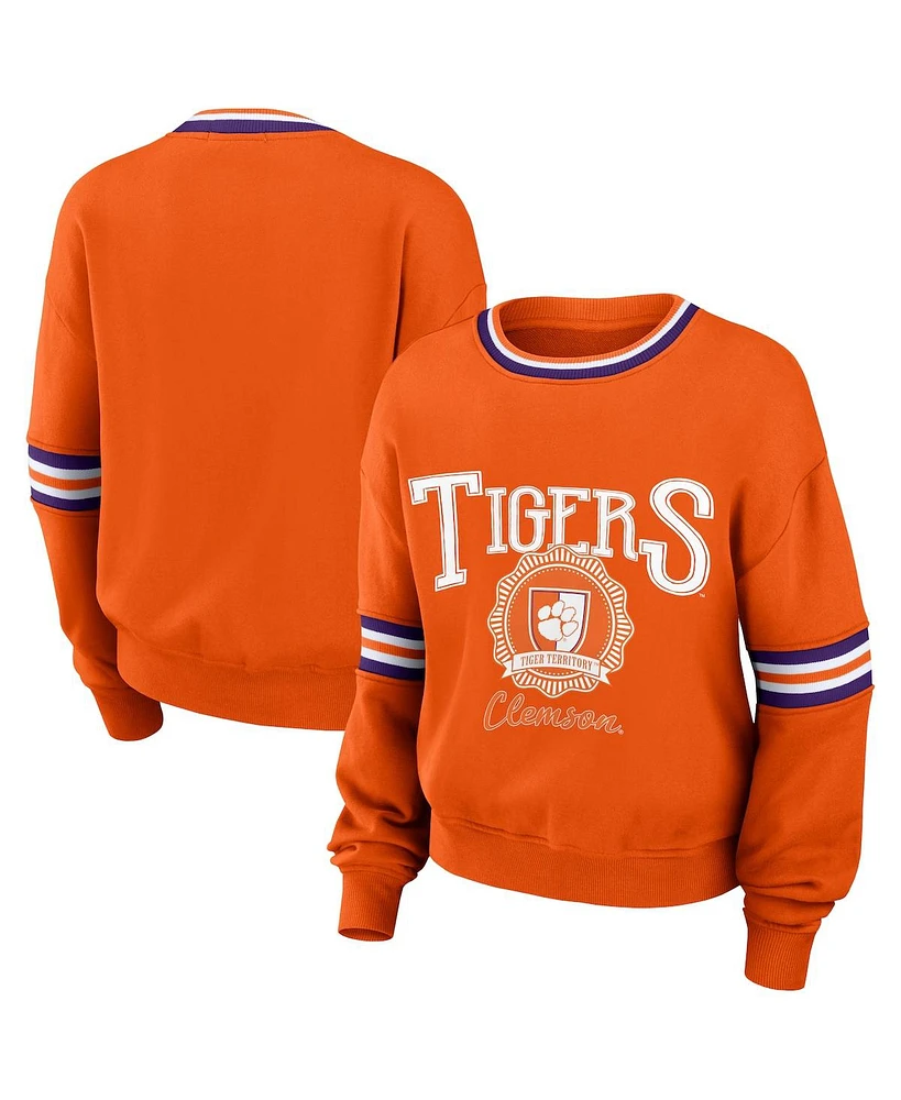 Women's Wear by Erin Andrews Orange Distressed Clemson Tigers Vintage-Like Pullover Sweatshirt