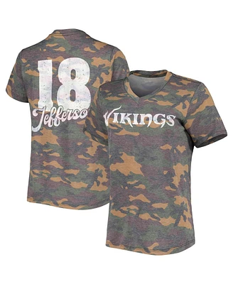 Women's Justin Jefferson Camo Distressed Minnesota Vikings Name and Number Tri-Blend V-Neck T-shirt