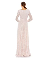 Mac Duggal Women's Beaded Lace Long Sleeve Wrap Over Gown