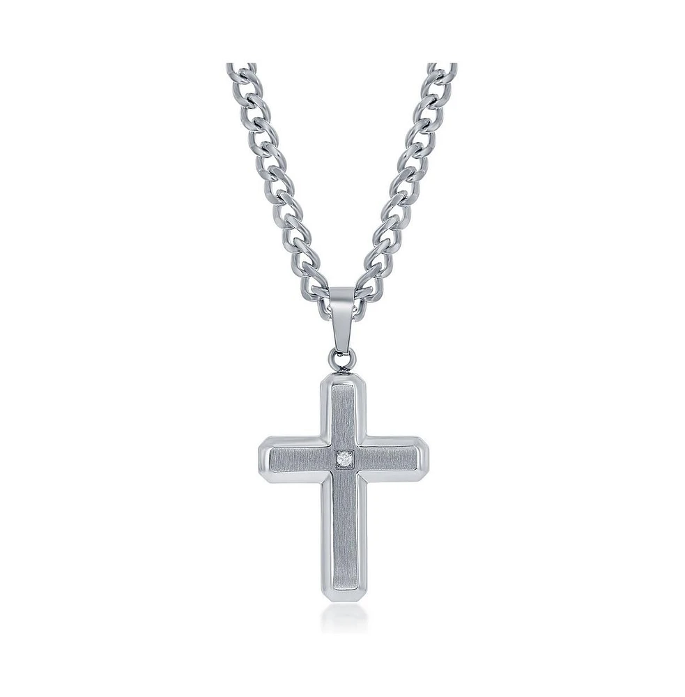 Stainless Steel Brushed & Polished w/ Single Cz Cross Necklace