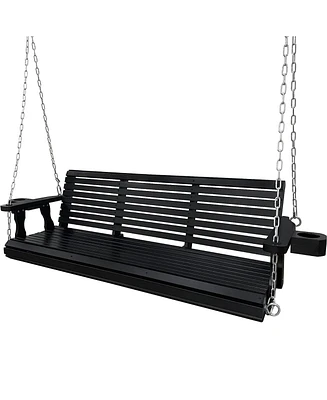 Wooden Porch Swing 3-Seater, Bench with Cupholders, Hanging Chains and 7mm Springs, Heavy Duty 800 Lbs, for Outdoor Patio Garden Yard