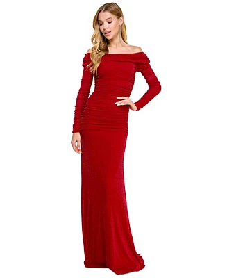 B Darlin Juniors' Metallic Shirred Off-The-Shoulder Gown